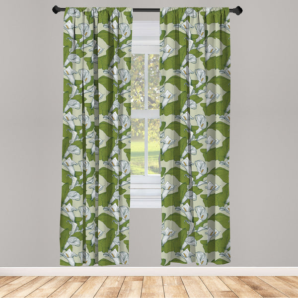 Green and White Lightweight Curtains for Window Decor Microfiber 2 Panel Set for Living Room & Bedroom