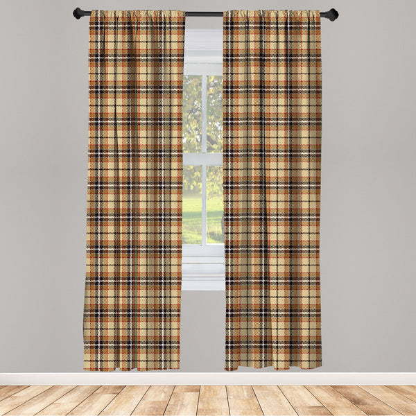 Brown Plaid Lightweight Curtains for Window Decor Microfiber 2 Panel Set for Living Room & Bedroom