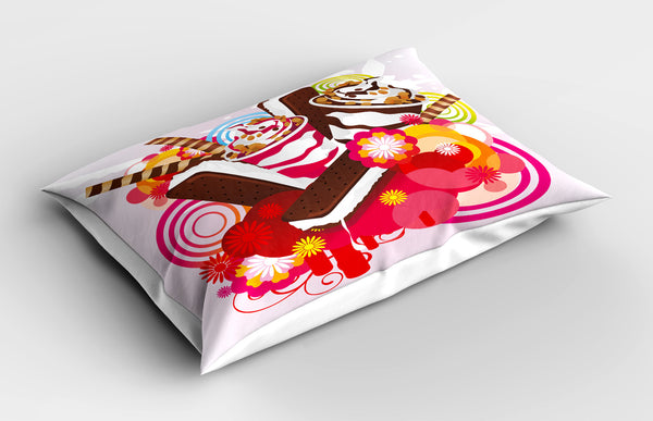 Ice Cream Printed Pillow Cover Decorative and Machine Washable Shams with Envelope Closure