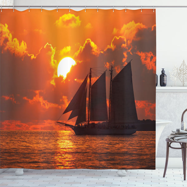 Sailboat Shower Curtain Water Repellent Fabric Bathroom Decor Set with 12 Hooks Machine Washable