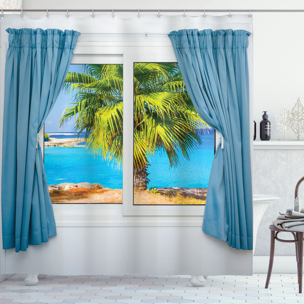 Beach Shower Curtain Water Repellent Fabric Bathroom Decor Set with 12 Hooks Machine Washable