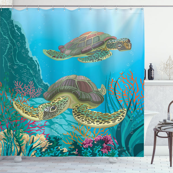 Sea Animals Shower Curtain Water Repellent Fabric Bathroom Decor Set with 12 Hooks Machine Washable