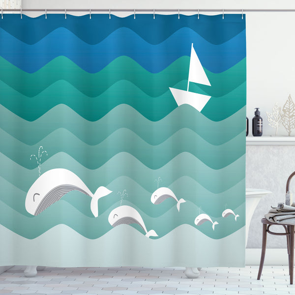 Nautical Shower Curtain Water Repellent Fabric Bathroom Decor Set with 12 Hooks Machine Washable