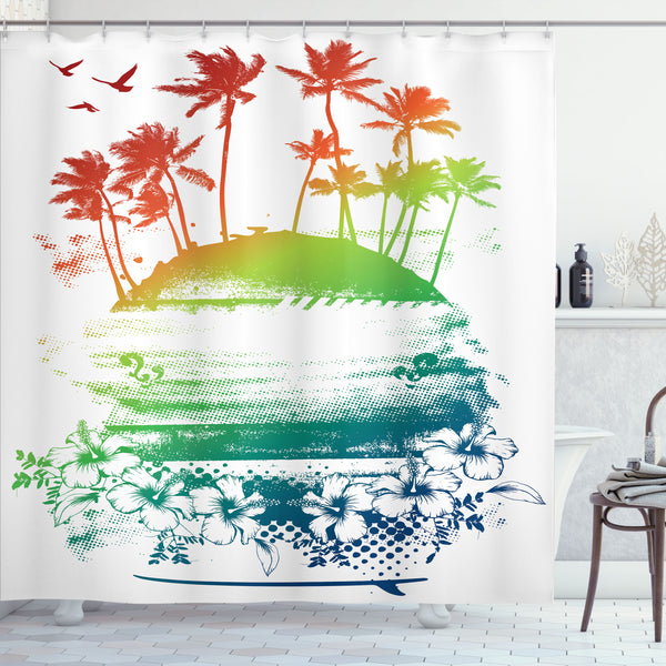 Island Shower Curtain Water Repellent Fabric Bathroom Decor Set with 12 Hooks Machine Washable