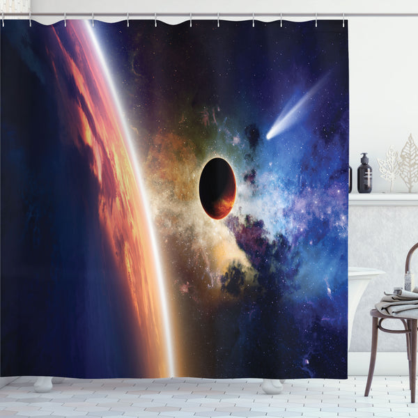 Outer Space Shower Curtain Water Repellent Fabric Bathroom Decor Set with 12 Hooks Machine Washable