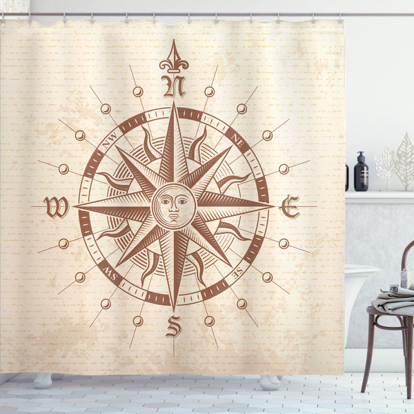 Compass Shower Curtain Water Repellent Fabric Bathroom Decor Set with 12 Hooks Machine Washable