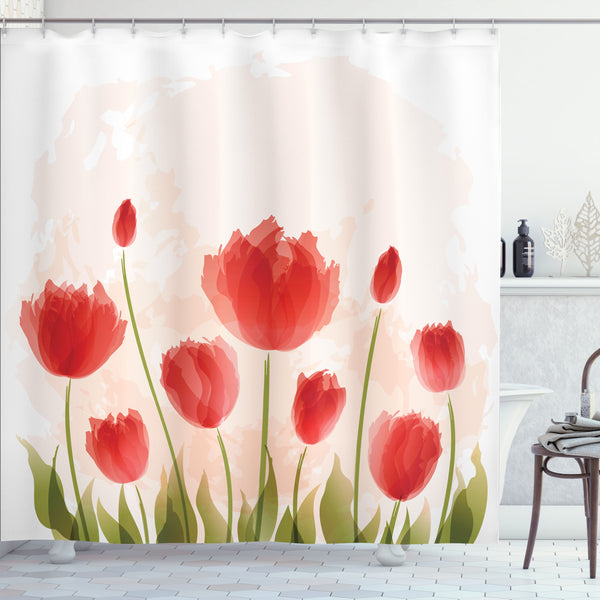 Floral Shower Curtain Water Repellent Fabric Bathroom Decor Set with 12 Hooks Machine Washable