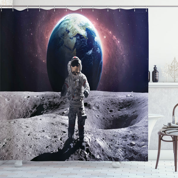 Space Shower Curtain Water Repellent Fabric Bathroom Decor Set with 12 Hooks Machine Washable