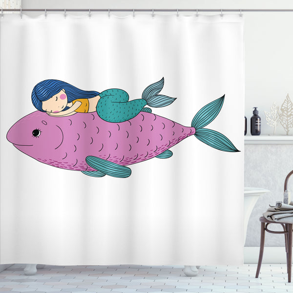 Mermaid Shower Curtain Water Repellent Fabric Bathroom Decor Set with 12 Hooks Machine Washable