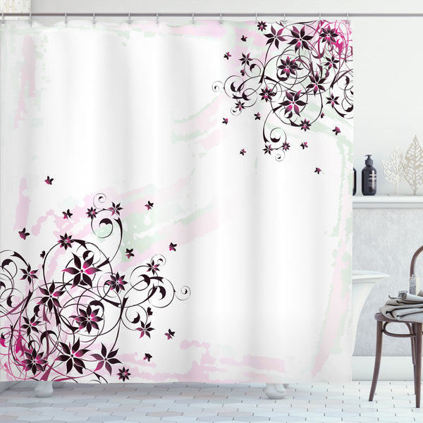 Floral Shower Curtain Water Repellent Fabric Bathroom Decor Set with 12 Hooks Machine Washable