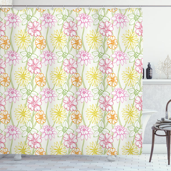 Floral Shower Curtain Water Repellent Fabric Bathroom Decor Set with 12 Hooks Machine Washable