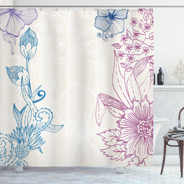 Floral Shower Curtain Water Repellent Fabric Bathroom Decor Set with 12 Hooks Machine Washable