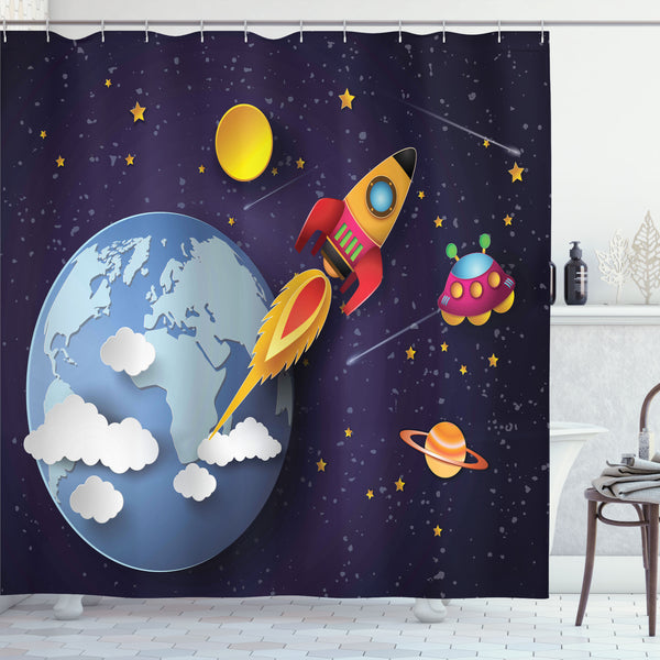 Outer Space Shower Curtain Water Repellent Fabric Bathroom Decor Set with 12 Hooks Machine Washable