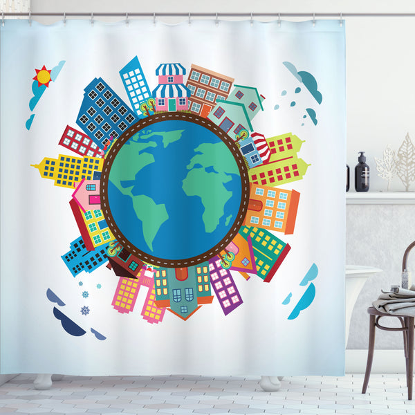 World Map Shower Curtain Water Repellent Fabric Bathroom Decor Set with 12 Hooks Machine Washable