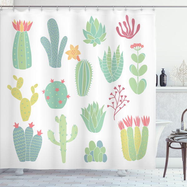 Cactus Shower Curtain Water Repellent Fabric Bathroom Decor Set with 12 Hooks Machine Washable