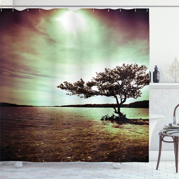 Lonely Tree Shower Curtain Water Repellent Fabric Bathroom Decor Set with 12 Hooks Machine Washable