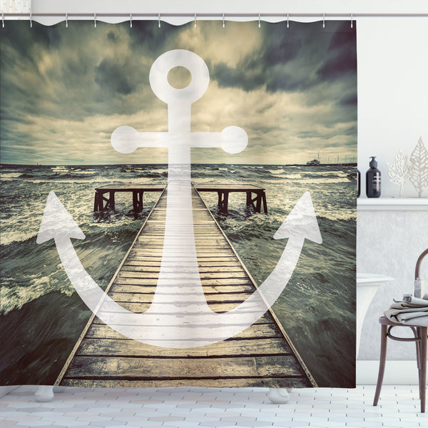 Nautical Shower Curtain Water Repellent Fabric Bathroom Decor Set with 12 Hooks Machine Washable