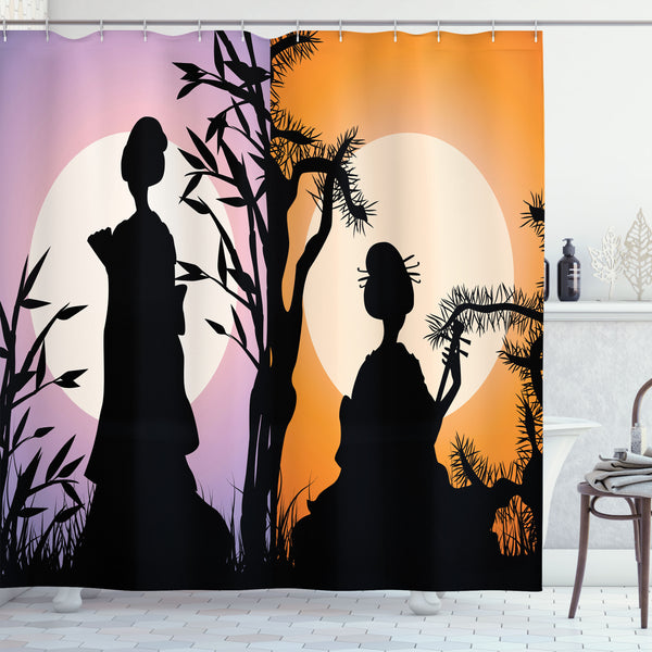 Japanese Art Shower Curtain Water Repellent Fabric Bathroom Decor Set with 12 Hooks Machine Washable