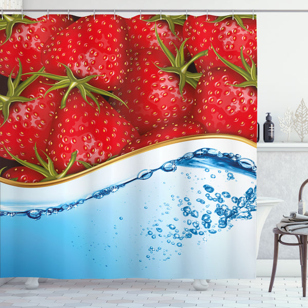 Strawberry Shower Curtain Water Repellent Fabric Bathroom Decor Set with 12 Hooks Machine Washable