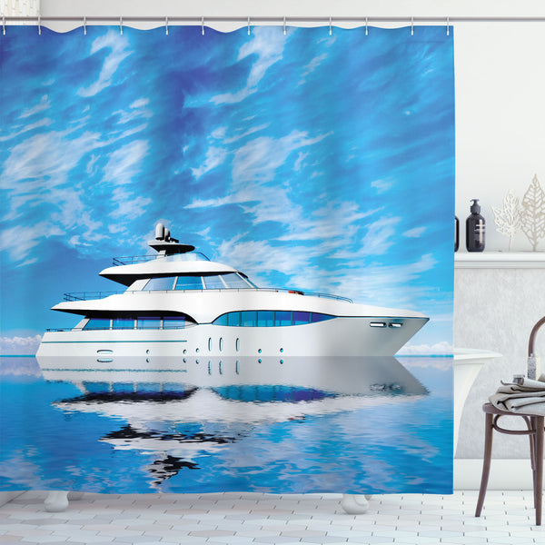 Seascape Shower Curtain Water Repellent Fabric Bathroom Decor Set with 12 Hooks Machine Washable