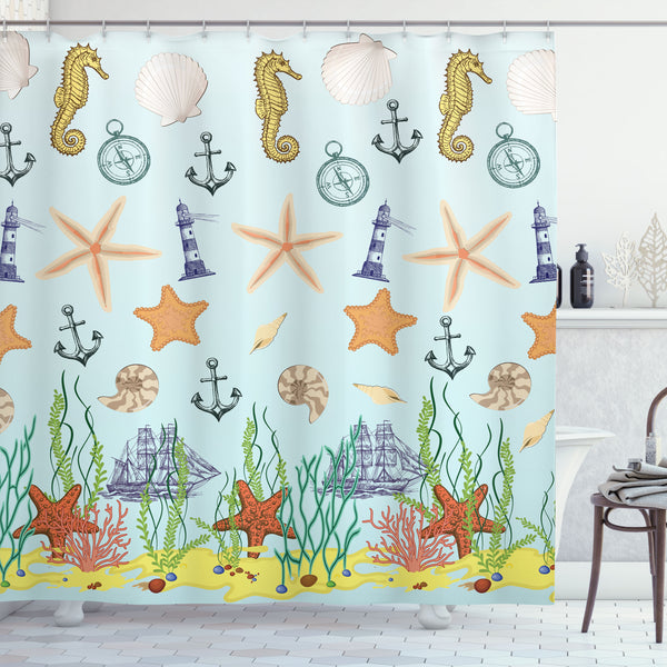 Nautical Shower Curtain Water Repellent Fabric Bathroom Decor Set with 12 Hooks Machine Washable