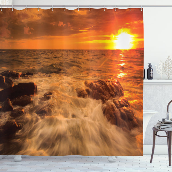 Seascape Shower Curtain Water Repellent Fabric Bathroom Decor Set with 12 Hooks Machine Washable