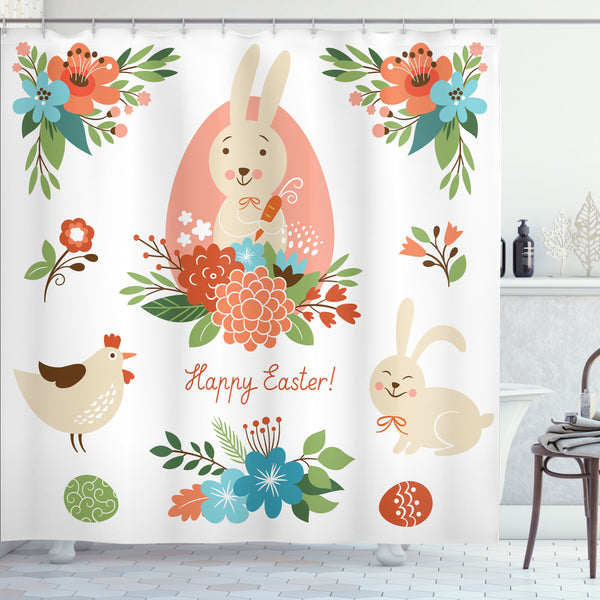 Easter Shower Curtain Water Repellent Fabric Bathroom Decor Set with 12 Hooks Machine Washable