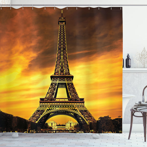 Eiffel Tower Shower Curtain Water Repellent Fabric Bathroom Decor Set with 12 Hooks Machine Washable