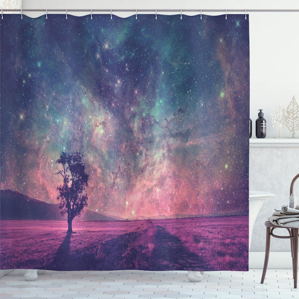 Galaxy Shower Curtain Water Repellent Fabric Bathroom Decor Set with 12 Hooks Machine Washable