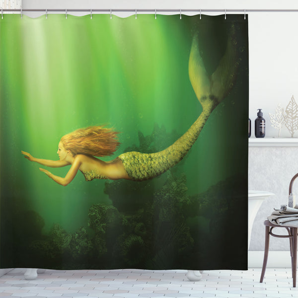 Mermaid Shower Curtain Water Repellent Fabric Bathroom Decor Set with 12 Hooks Machine Washable